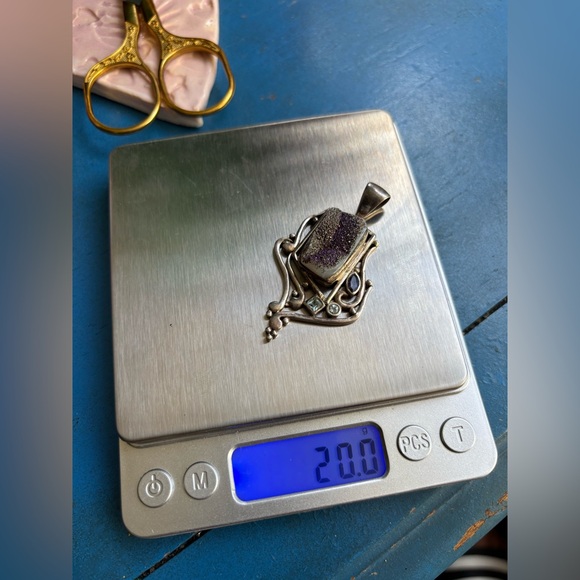 VINTAGE Sterling Silver 925 Iridescent Druzy Blue Topaz Faux Amethyst Pendant - Picture 15 of 15